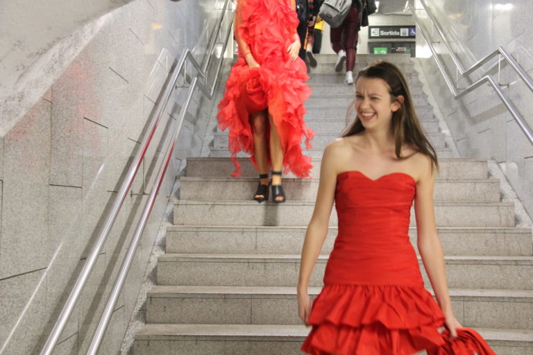 yolancris pre-fall 2020 holiday season stories barcelona eveningwear red draped ruffle dress